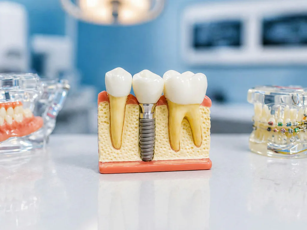 A model showing a dental implant, crown and jawbone beside natural teeth